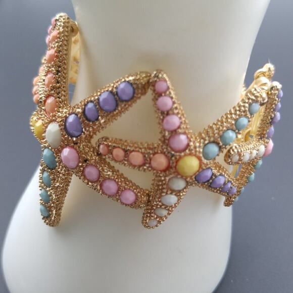 Pastel Starfish Stretch Bracelet, Gold Tone Starfish Pastel Cabochons, 7 Inches - Picture 10 of 12